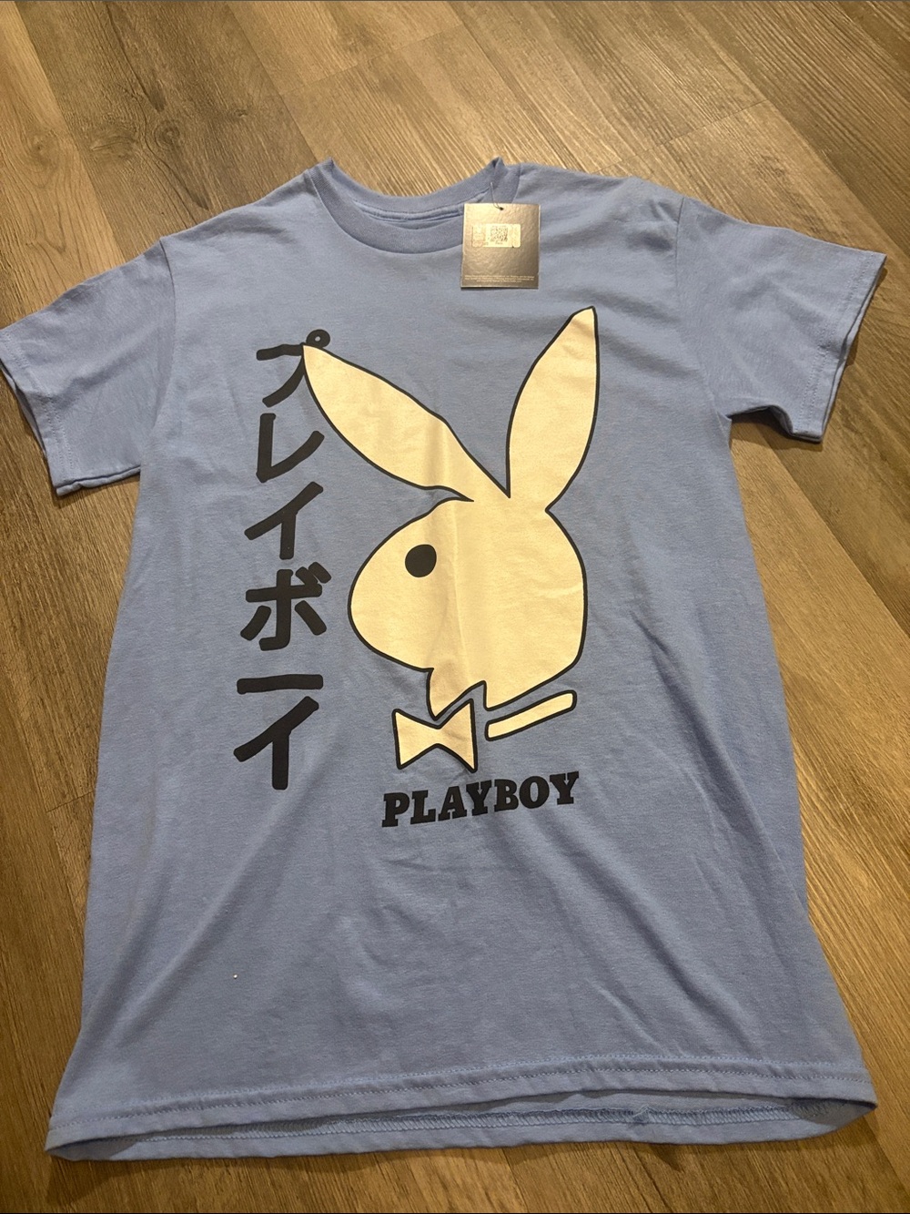 PLAYBOY Light Blue Tee with Cream Bunny Graphic